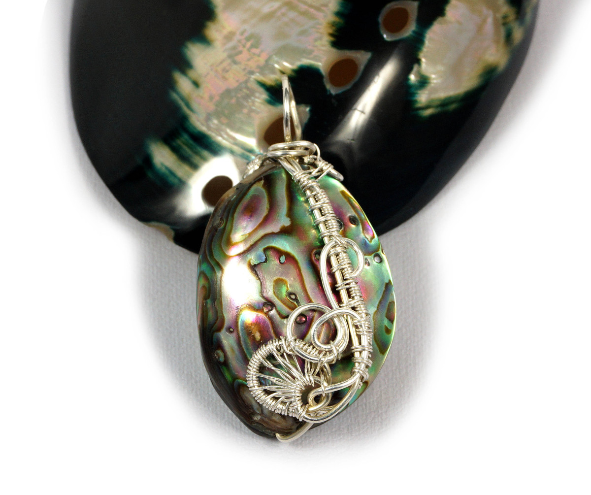 Muszla abalone, Srebrny wisior z muszlą abalone wire wrapped, prezent dla niej, prezent dla mamy, ręcznie robiona biżuteria autorska
